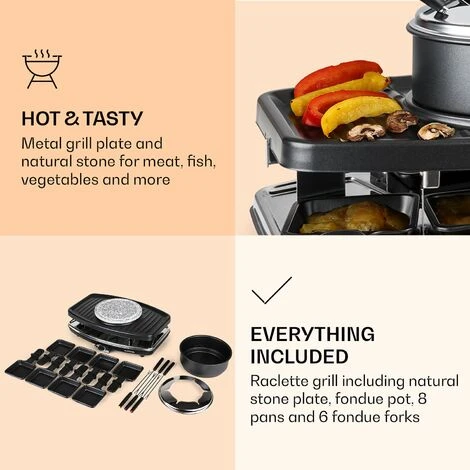 Klarstein Entrecote 2-in-1 Raclette Grill & Fondue Natural Stone 1100W 8 Persons - Image 5