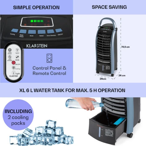 Klarstein Maxfresh Ocean Fan Air Cooler 6L 65W Remote Control 2x Ice Pack - Image 2