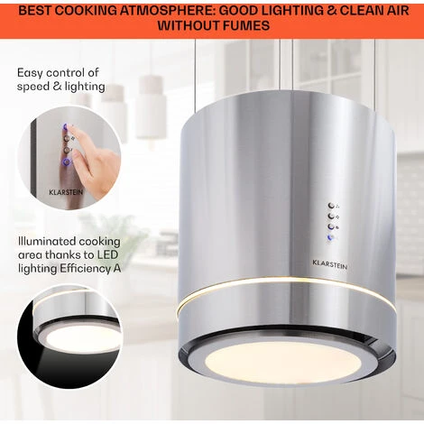 Klarstein Tron Ambience Island Extractor Hood Ø38cm Convection 540m³ / H LED Stainless Steel - Image 4