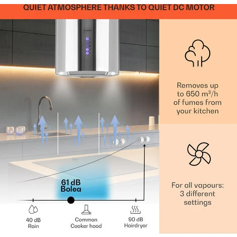 Klarstein Beretta Island Cooker Extractor Hood Ø35cm Exhaust / Circulating Air 650m³ / H LED Stainless Steel - Image 3