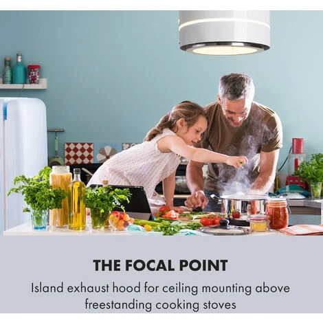 Klarstein Tron Ambience Island Cooker Extractor Hood Ø38cm Recirculation 540m³ / H LED White - Image 2