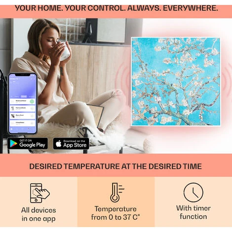 Klarstein Wonderwall Air Art Smart Infrared Heater 60x60cm 350W Almond Blossoms - Image 3