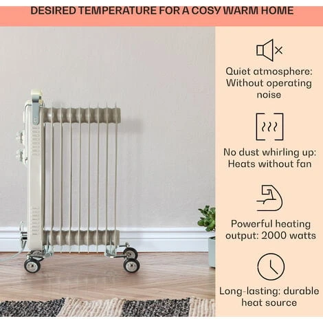 Klarstein Thermaxx Retroheat Oil Radiator 2000W Floor Rollers Taupe - Image 2