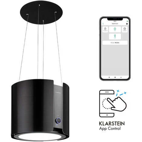 Klarstein Skyfall Smart, Island Extractor Hood, Ø45cm, Circulating Air, 402m³ / H, LED, Stainless Steel, Black