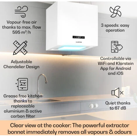 Klarstein Kronleuchter Smart, Island Hood, 595m³ / H, App Control, LED Panel - Image 2