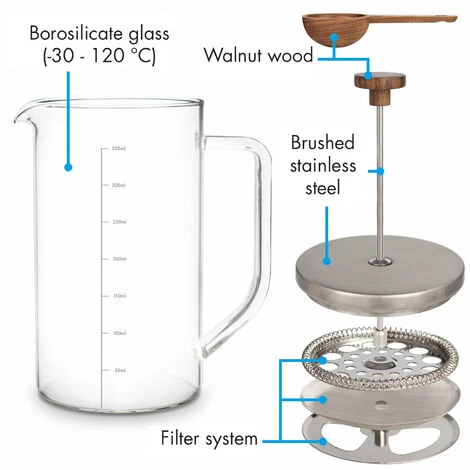 Klarstein Glaswerk Ristretto, French Press, 0.35 Litre, Borosilicate Glass, Stainless Steel, Walnut Wood - Image 5