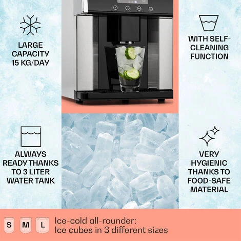 Klarstein Eiszeit Ice Cube Machine Stainless Steel 3 Ice Cube Sizes Silver - Image 2