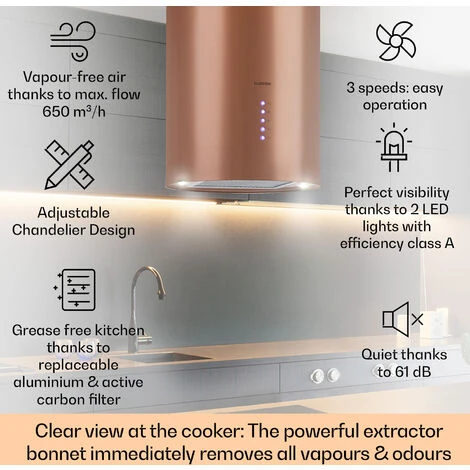 Klarstein Beretta, Island Extractor Hood, Ø 35 Cm, Exhaust / Circulating Air, 650m³ / H, LED, Copper - Image 2