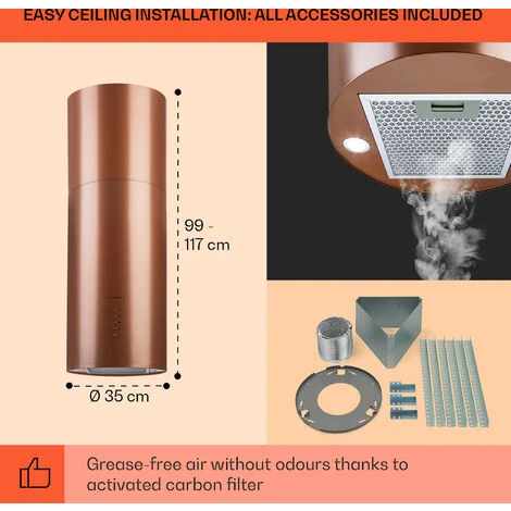 Klarstein Beretta, Island Extractor Hood, Ø 35 Cm, Exhaust / Circulating Air, 650m³ / H, LED, Copper - Image 5