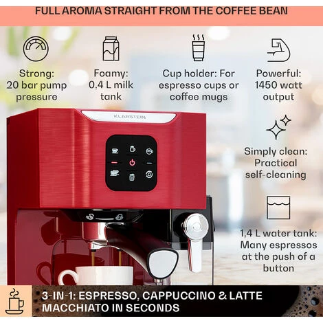 Klarstein BellaVita Coffee Maker 3-in-1 1450 W 20 Bar Milk Frother - Image 2