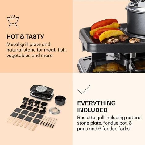 Klarstein Entrec么te 2-in-1 Raclette Grill & Fondue Natural Stone 1100W 8 Persons Coasters - Image 5